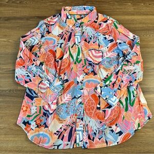 Talbots Floral Button Up Long Sleeve Shirt Classic Cotton Blouse Pink Plus 2X